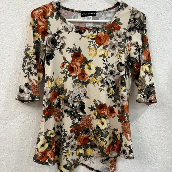 Star Vixen Women's Elbow Sleeve Hanky Hem Tunic Size Medium Light Floral - Picture 4 of 5
